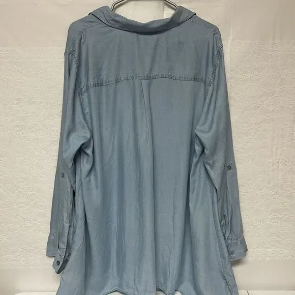 Zac & Rachel Women 2X Chambray Button Up Shirt Blue Tunic Roll Tab Sleeve Top - Picture 4 of 9